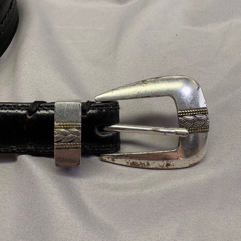 Vintage Western Black Genuine Leather Belt Braided Concho Silver Buckle Set 36 - Picture 2 of 5